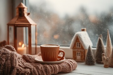 Warm beverage rests on a cozy knit blanket beside decorative holiday miniatures on a windowsill during snowfall
