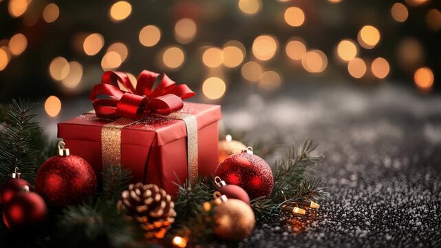 Festive red Christmas gift box with a sparkling ribbon surrounded by ornaments, pine cones, and fir branches on a snowy surface with a warm, glowing bokeh light background