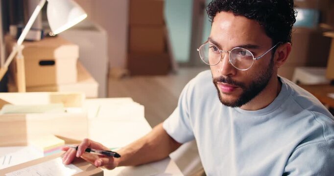 Ecommerce, reading and box with man in warehouse for delivery information, shipping details and logistics. Online shopping parcel, distribution instructions and cargo with person for courier postage