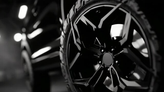Stylized automotive close-up, black alloy wheel with complex spoke pattern, deep tire treads casting subtle shadows, workshop environment softly illuminated