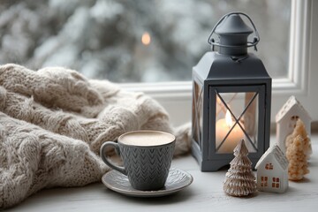Cozy warm beverage and lantern illuminate a window sill with knitted fabric during cold weather