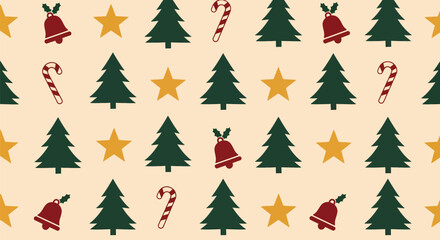 Festive Christmas Pattern with Trees, Bells, Stars, and Candy Canes.