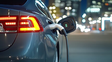 Electric car charging at night in a vibrant city, showcasing modern urban transportation and sustainability