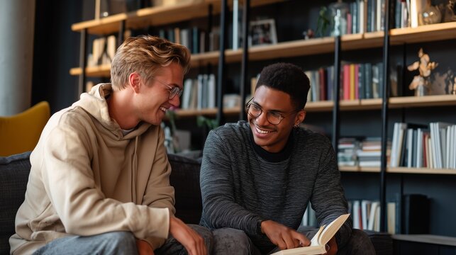 Two friends share a laugh while reading in a cozy modern living room during the afternoon - Powered by Adobe