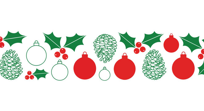 Festive Christmas Border with Ornaments, Holly, and Pine Cones.