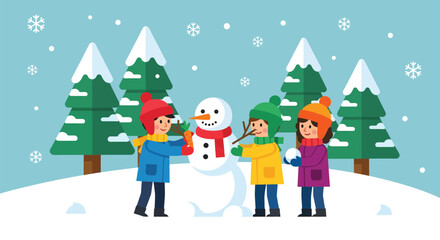 Children Building a Snowman in a Winter Wonderland.