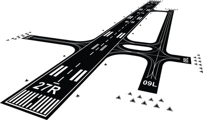 Black and white illustration of airport runway markings, airport, runway, aviation, tarmac, asphalt, markings, lines, numbers, 27r, 09l, landing, takeoff, navigation, air traffic control, airport infr