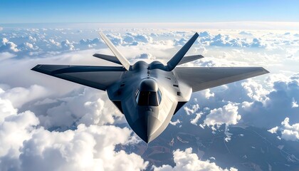 Sleek gray fighter jet soaring above a fluffy cloudscape, bathed in sunlight. Sharp focus, dramatic perspective