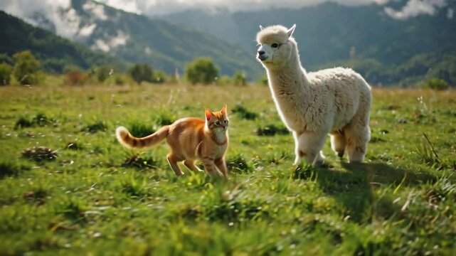 Cinematic shot. An orange cat dances merrily with a fluffy white alpaca on a sun-kissed grassy hill, surrounded by majestic mountains and fluffy, drifting clouds. The bright, crisp, and refreshing mor