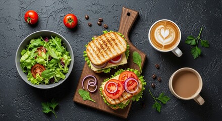 Savor a delicious grilled sandwich with fresh salad and a perfectly crafted latte, ideal for a satisfying meal anytime.