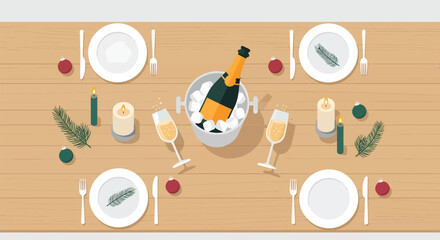 Festive Table Setting with Champagne and Elegant Decorations.