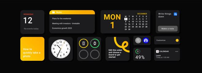 Minimalist dark iOS-style widget interface with clock, calendar, notes, battery and productivity tools. Perfect for UI and UX, apps, and productivity interfaces.	