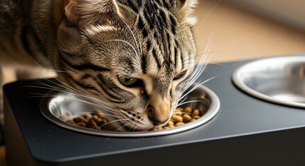 Close-up of adorable tabby cat intensely focused on eating delicious kibble from a modern elevated bowl