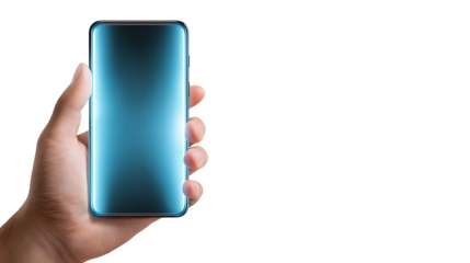 Man’s hand holding smartphone with glowing screen, isolated on a white background