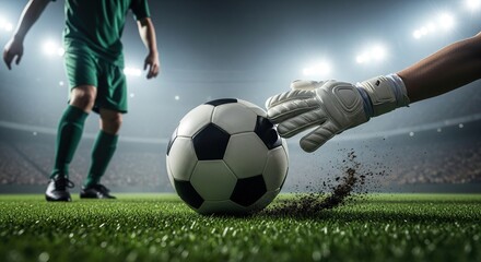 Dramatic close-up captures intense soccer match action as goalkeeper attempts a crucial save on a stadium pitch under bright lights