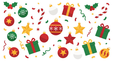 Festive Christmas Decorations - Ornaments, Gifts, Stars, and Holly.