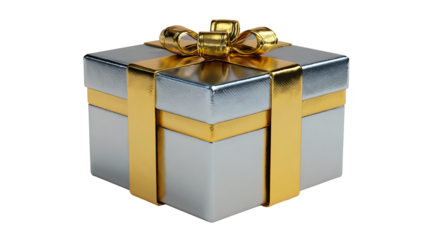 Shiny metallic gift box with ribbon and dramatic lighting, isolated on a white background
