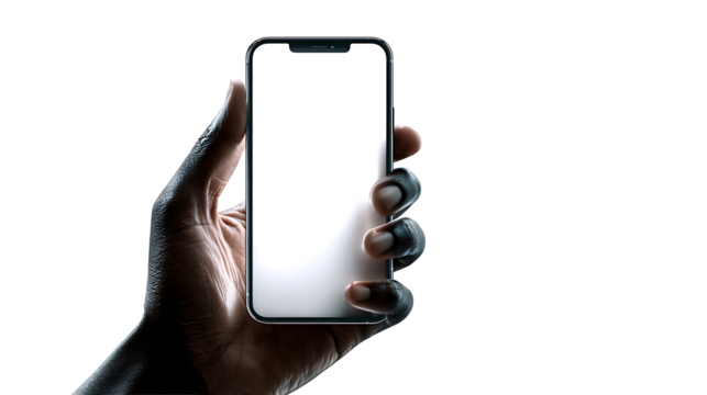 Man’s hand holding smartphone with glowing screen, isolated on a white background