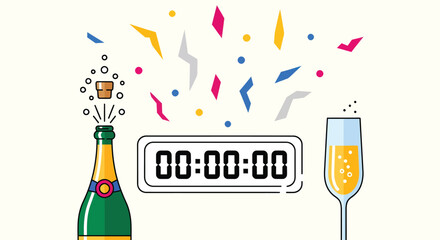 New Years Eve Celebration with Champagne and Countdown Clock.