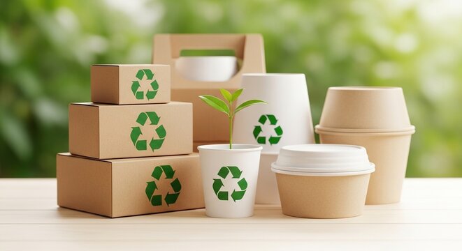 Sustainable packaging with recycling symbols and a sprouting plant, promoting eco friendly business and green living solutions for a healthier planet.