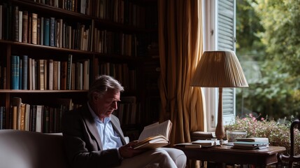 Man reading a book in a cozy library with natural light coming through the window