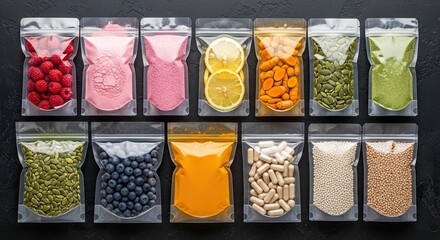 Vibrant assortment of healthy superfoods and supplements neatly packaged for modern wellness and nutrition inspiration