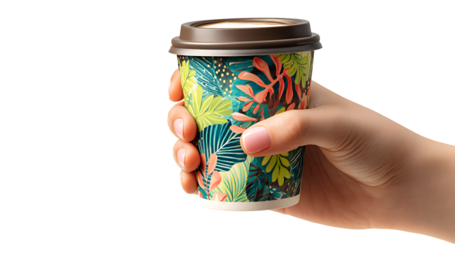 Woman’s hand holding a coffee cup to go, lifestyle concept, isolated on a white background