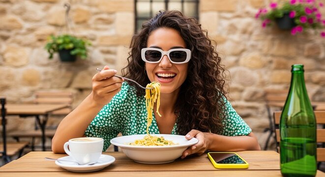 Joyful woman savors delicious pasta meal at charming outdoor cafe, enjoying a perfect moment of leisure and culinary delight.