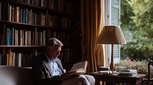 Man reading a book in a cozy library with natural light coming through the window