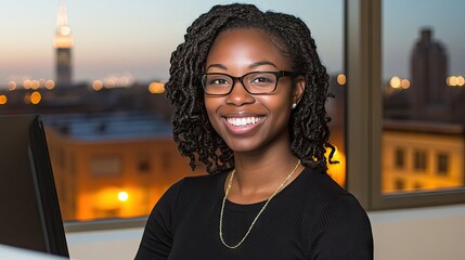 Joyful designer crafting website content at midnight in her vibrant New York home office