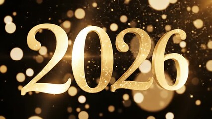 Gold glitter 2026 number animation on black background with bokeh lights for new year celebration and holiday greeting card