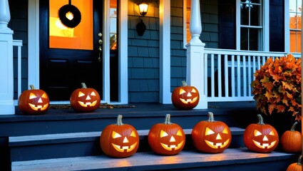 Obraz premium Festively Carved Pumpkins with Smiling Faces Lining a Porch During Halloween Night Celebration