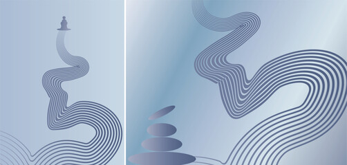 Obraz premium Blue Linear Contour Wave with Lighthouse — Gradient Line Landscape Background for Poster, Website Banner, and Branding Design