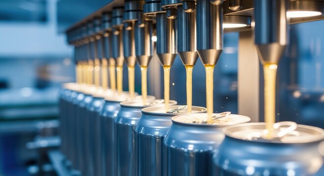 Dynamic beverage filling line captures continuous production flow of refreshing drinks into sleek aluminum cans with vibrant energy and precision.