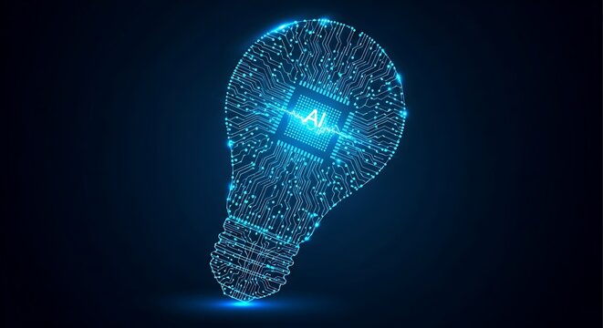 Artificial Intelligence Concept Represented by a Glowing Blue Light Bulb Formed from a Detailed Digital Circuit Board Pattern Featuring a Central Processor Unit Displaying the AI Acronym Sym