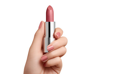 Woman’s hand holding lipstick, beauty and makeup concept, isolated on a white background