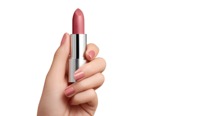 Woman’s hand holding lipstick, beauty and makeup concept, isolated on a white background