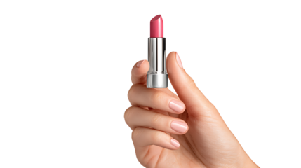 Woman’s hand holding lipstick, beauty and makeup concept, isolated on a white background