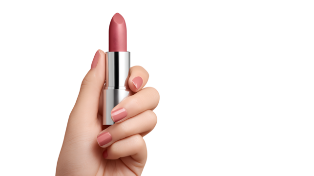 Woman’s hand holding lipstick, beauty and makeup concept, isolated on a white background