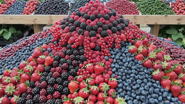 A colorful fruit pyramid display featuring various types of berries