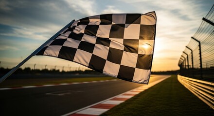 Victory arrives as a checkered flag waves triumphantly at the finish line during a breathtaking sunset race.