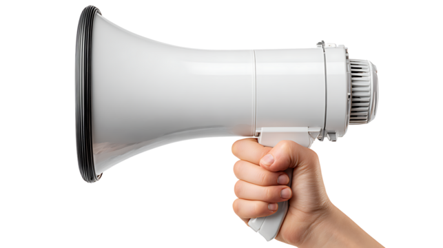 Hands holding megaphone, announcement or protest concept, isolated on a white background