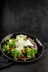 Burrata salad tomato, purple onion, green leaf lettuce tasty snack fresh gourmet food table setting rustic food top view copy space keto and paleo diet vegetarian food
