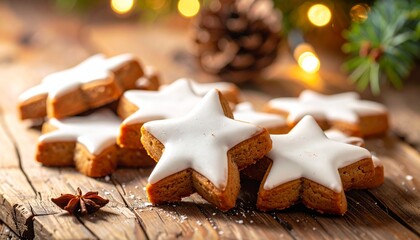 A close-up of beautifully decorated Christmas cookies with colorful icing in a cozy festive setting. Perfect for holiday greeting cards, banners, food blogs, and Christmas advertising.