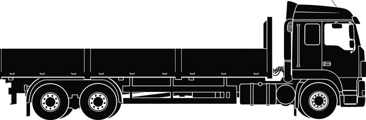 Black flatbed truck silhouette with white outline lorry, truck, flatbed, lorry, vehicle, transport, cargo, logistics, delivery, commercial, heavy duty, industrial, silhouette, black and white, outline