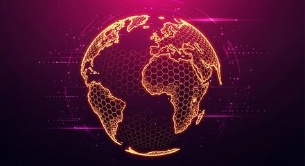 Futuristic Digital Earth Globe Design Featuring Glowing Orange Hexagonal Grid Structure Representing Global Technology Network Data Connections And Modern Innovation Against A Vibrant Purple