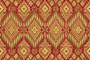 Thai Fabric Pattern with Ornate Diamond Motifs in Red and Gold Elegant Design Decorative Surface Background Textile Interior Wallpaper Vintage