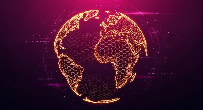 Futuristic Digital Earth Globe Design Featuring Glowing Orange Hexagonal Grid Structure Representing Global Technology Network Data Connections And Modern Innovation Against A Vibrant Purple