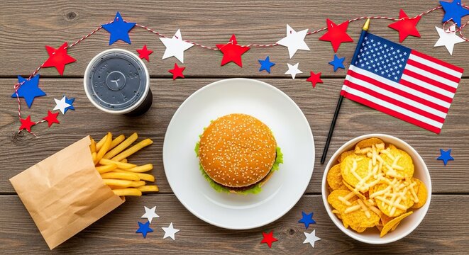 Celebrate freedom with a classic burger, crispy fries, and chips, all adorned with festive patriotic stars and an American flag for your holiday gatherings.