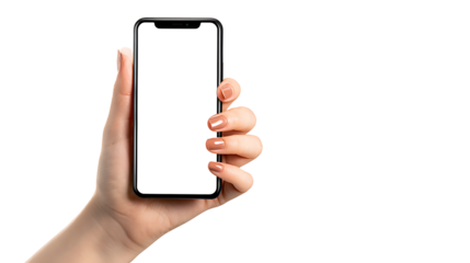 Woman’s hand holding a smartphone with blank white screen